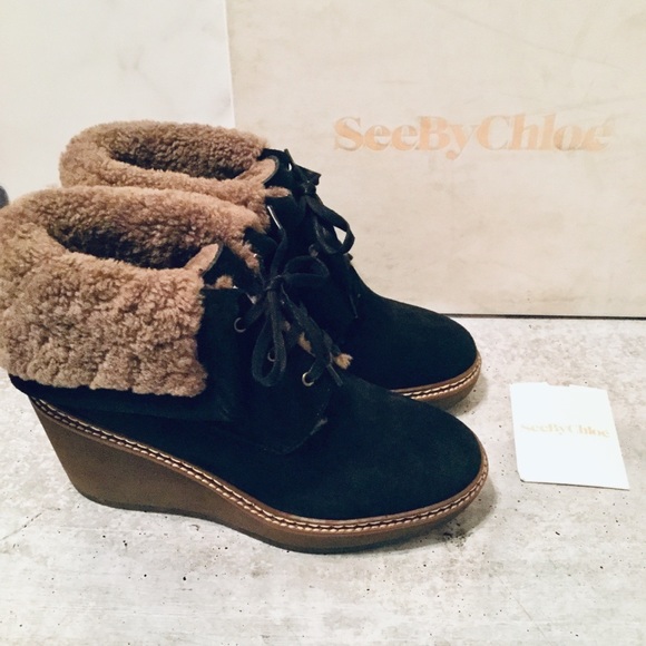 See By Chloe Shoes - See by Chloé Suede Shearling Wedge Booties EUR39 8